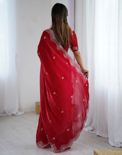 Red Tissue Silk Embroidery Saree