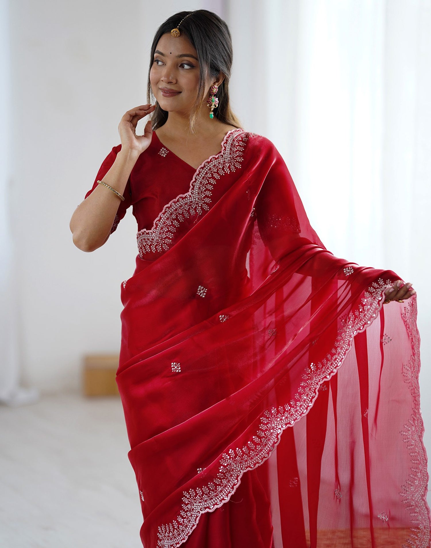 Red Tissue Silk Embroidery Saree