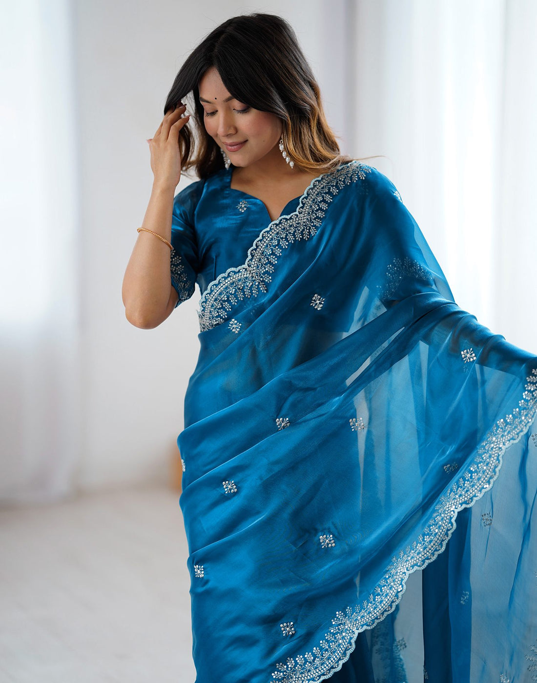 Peacock Blue Tissue Silk Embroidery Saree