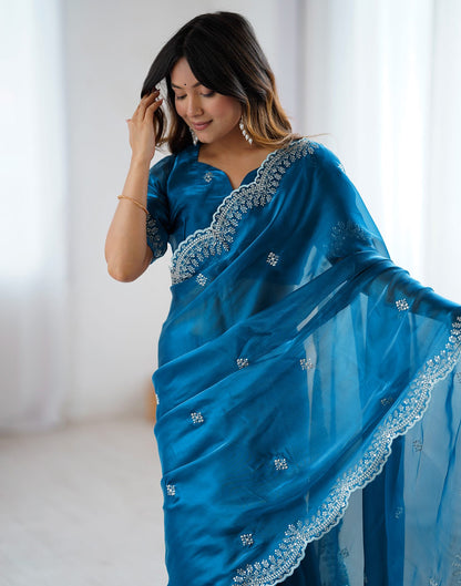 Peacock Blue Tissue Silk Embroidery Saree