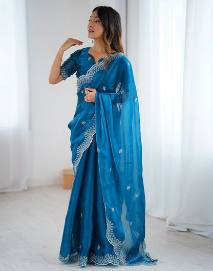Peacock Blue Tissue Silk Embroidery Saree