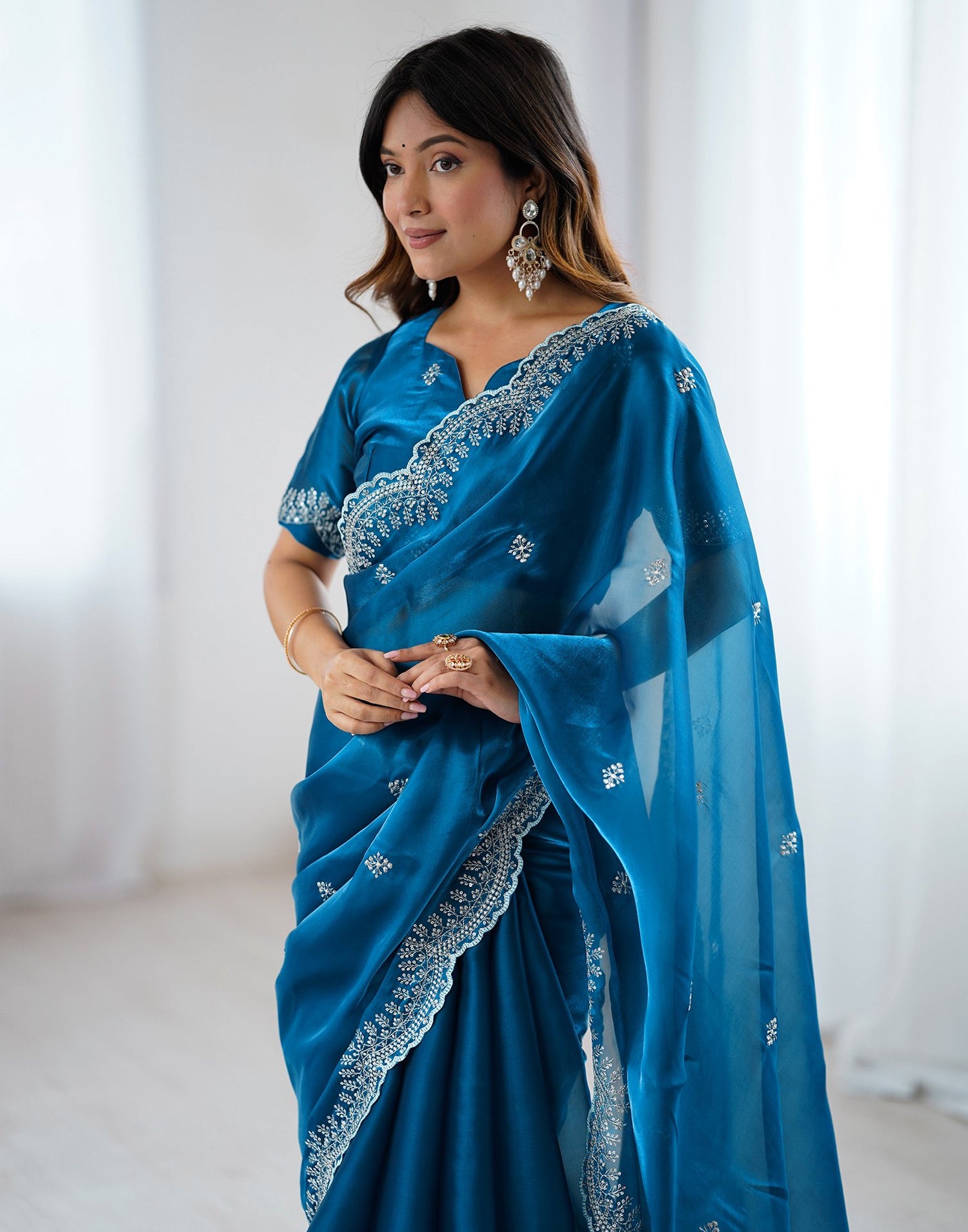 Peacock Blue Tissue Silk Embroidery Saree