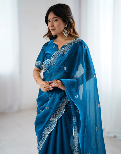 Peacock Blue Tissue Silk Embroidery Saree