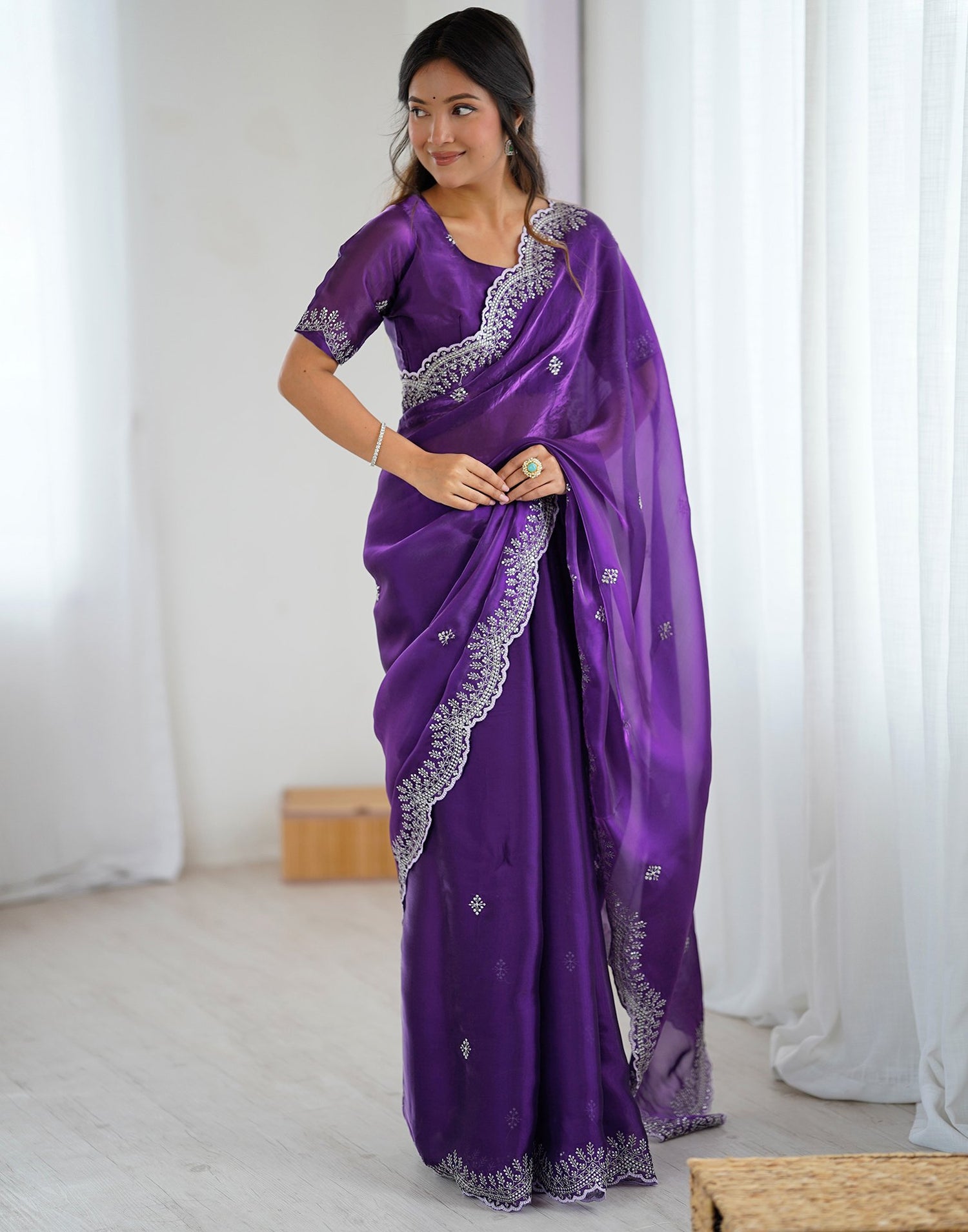 Dark Purple Tissue Silk Embroidery Saree