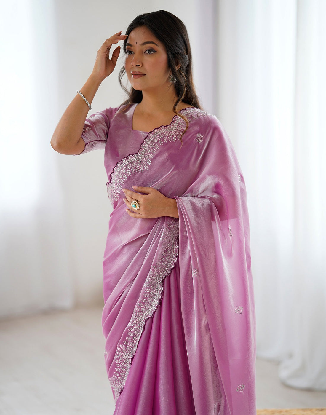Pink Tissue Silk Embroidery Saree