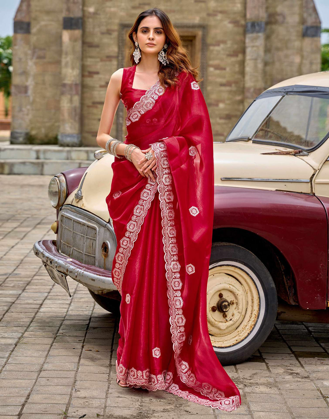 Red Tissue Silk Sequence Embroidery Saree