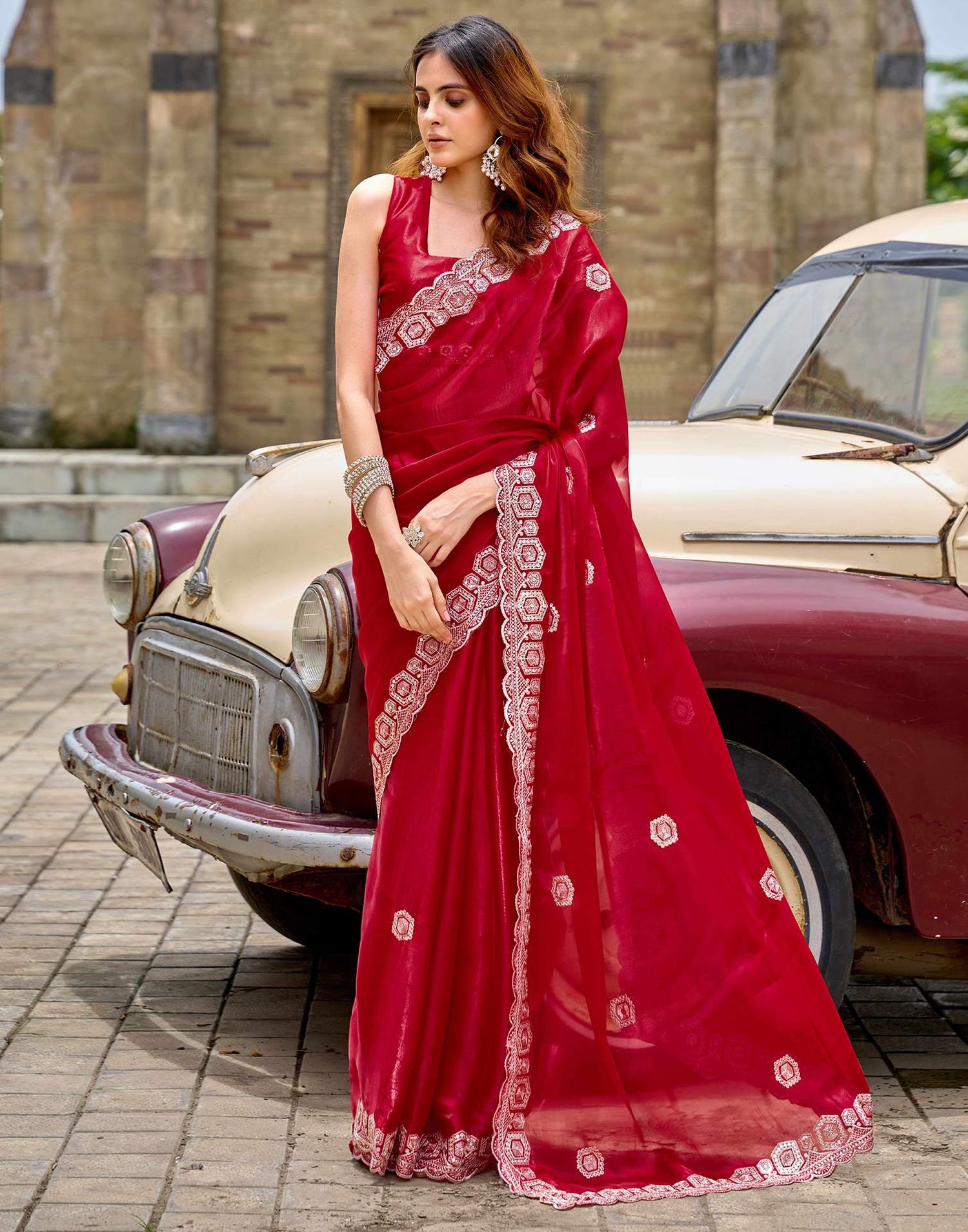 Red Tissue Silk Sequence Embroidery Saree