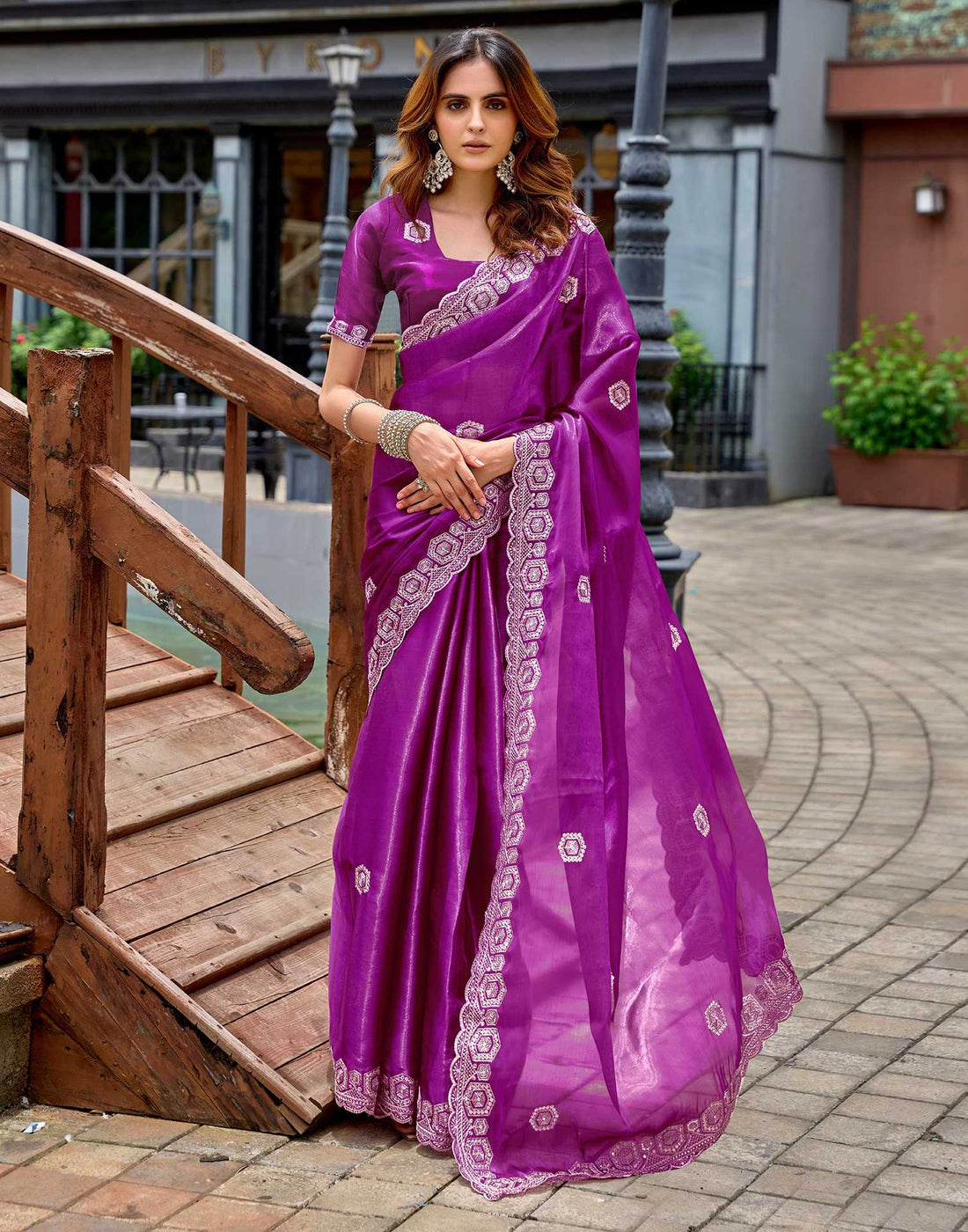 Magenta Tissue Silk Sequence Embroidery Saree
