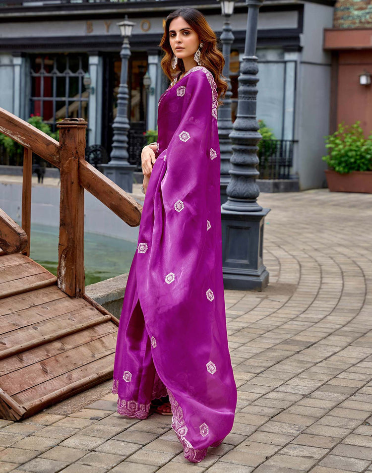 Magenta Tissue Silk Sequence Embroidery Saree