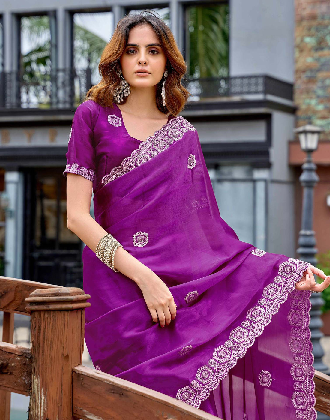 Magenta Tissue Silk Sequence Embroidery Saree