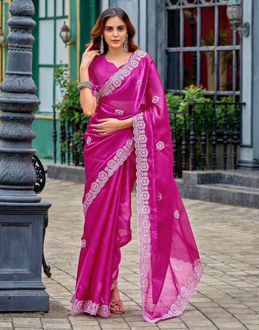 Rani Pink Tissue Silk Sequence Embroidery Saree