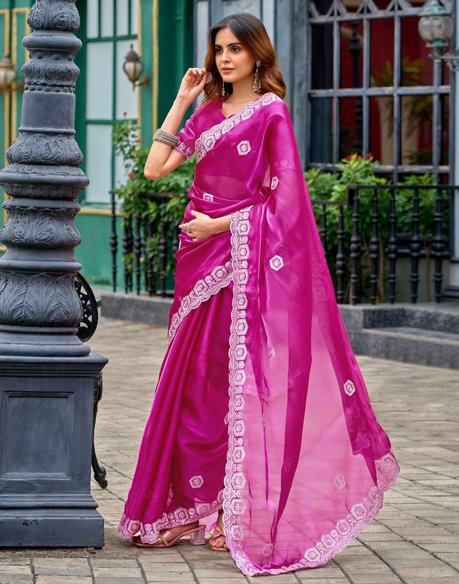 Rani Pink Tissue Silk Sequence Embroidery Saree