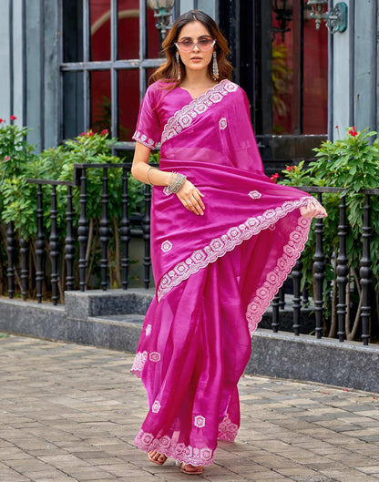 Rani Pink Tissue Silk Sequence Embroidery Saree