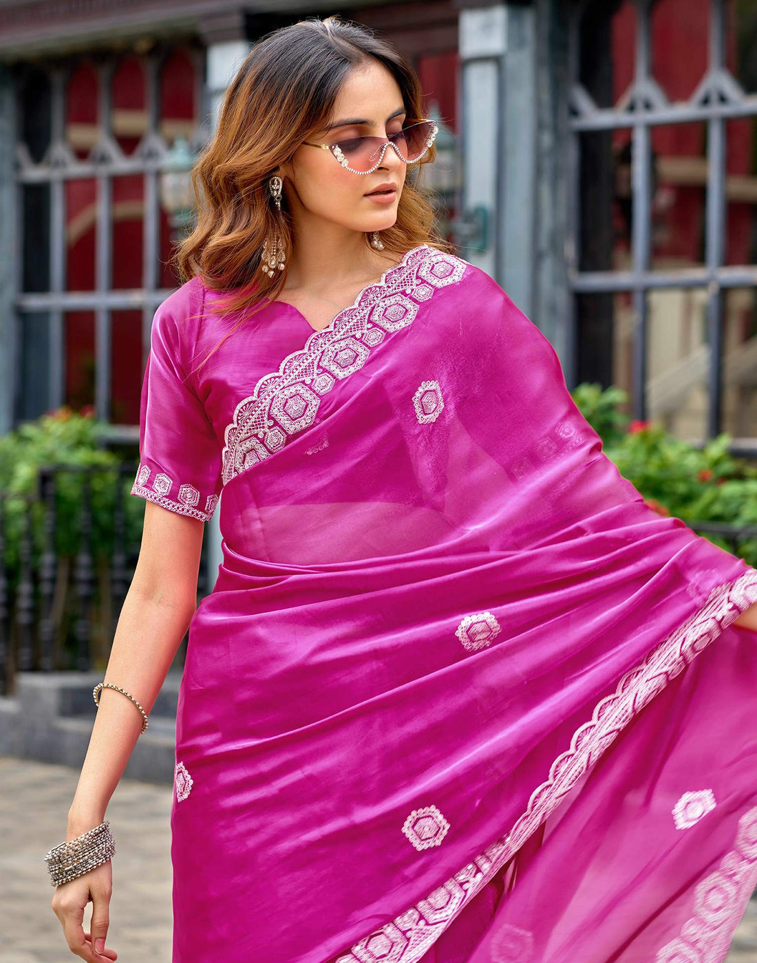 Rani Pink Tissue Silk Sequence Embroidery Saree
