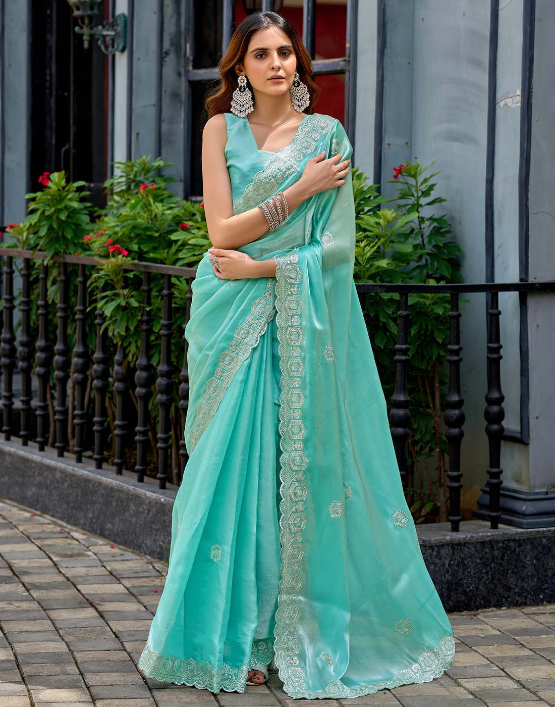 Sky Blue Tissue Silk Sequence Embroidery Saree