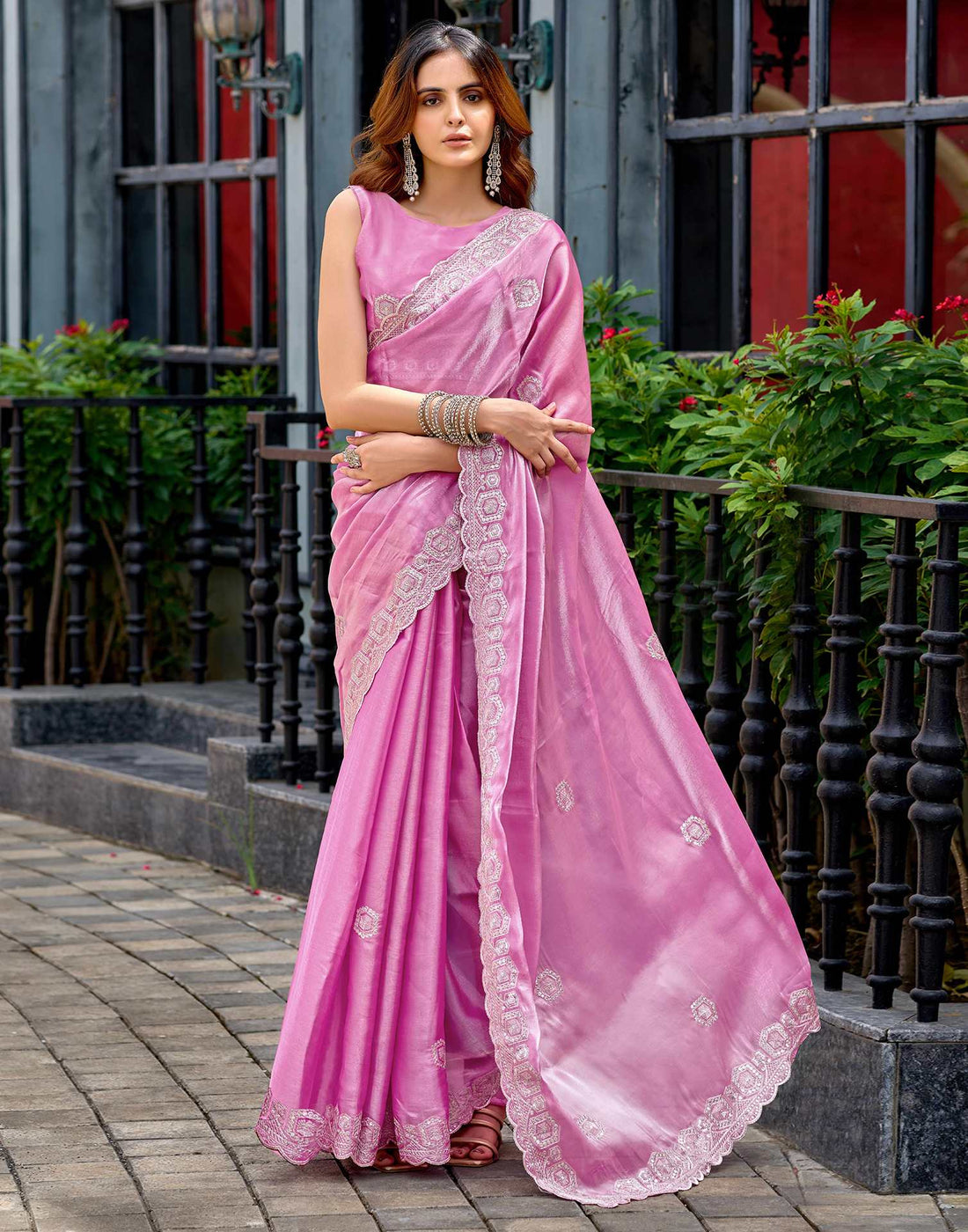 Light Pink Tissue Silk Sequence Embroidery Saree