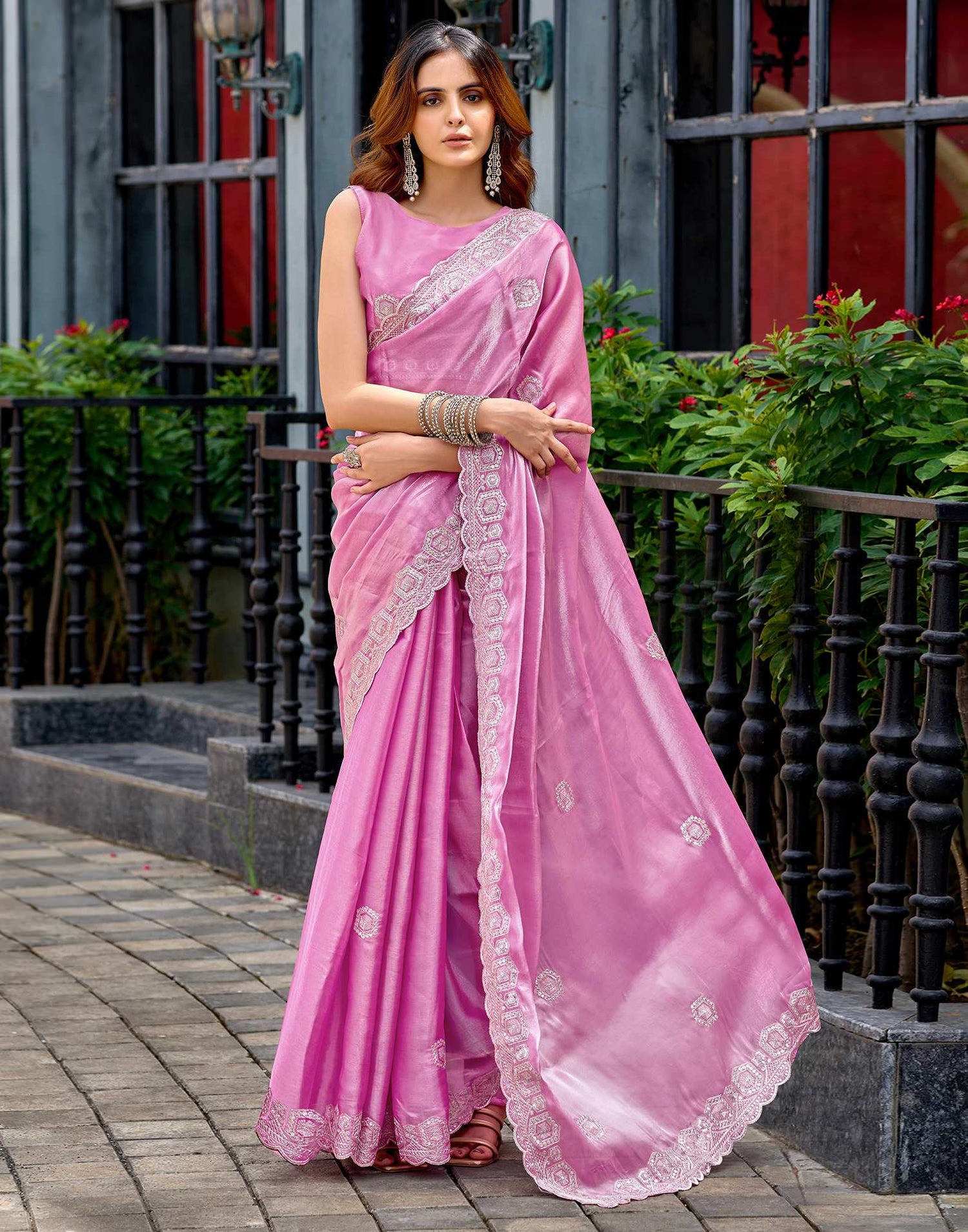Light Pink Tissue Silk Sequence Embroidery Saree