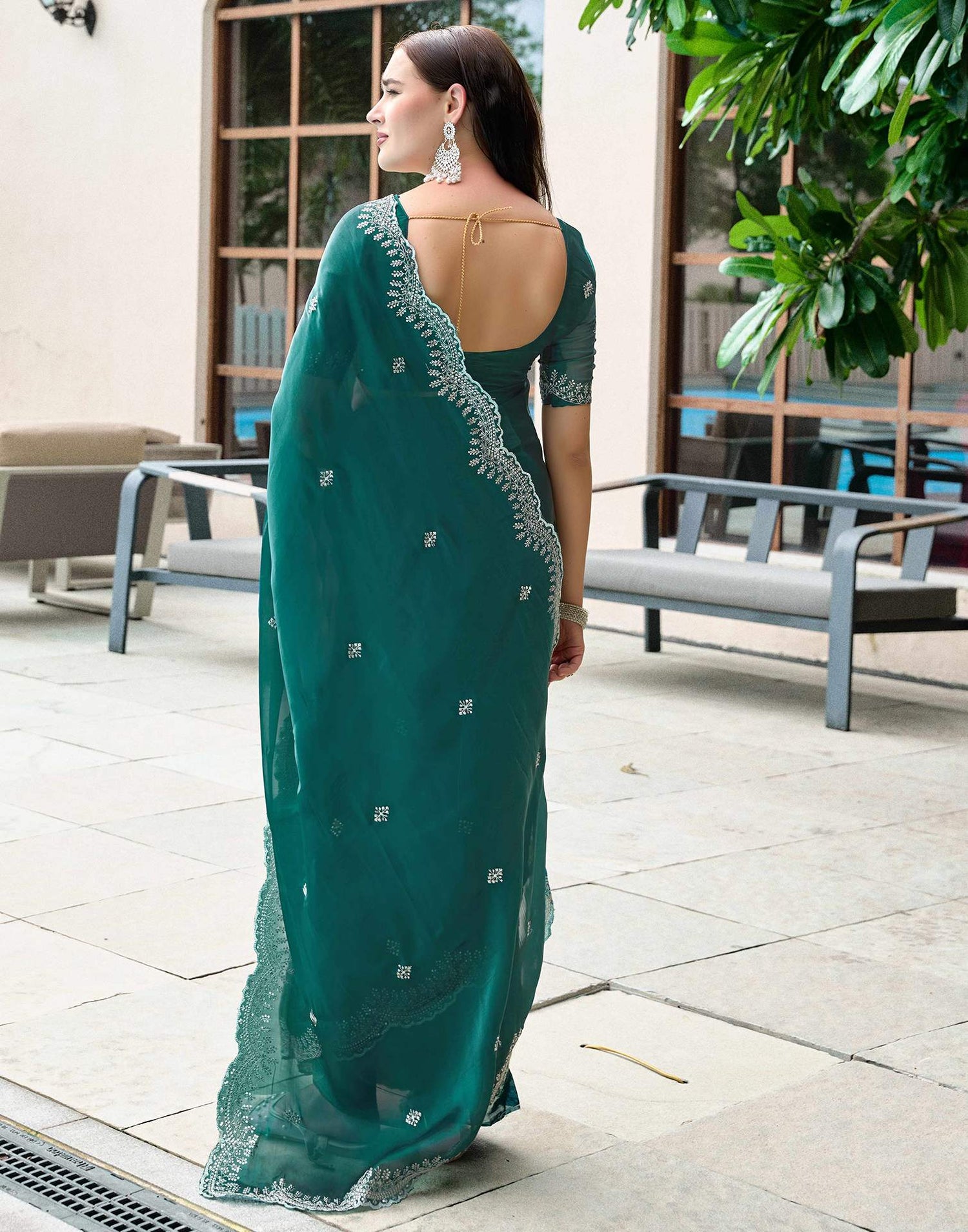 Green Tissue Silk Sequence Embroidery Saree