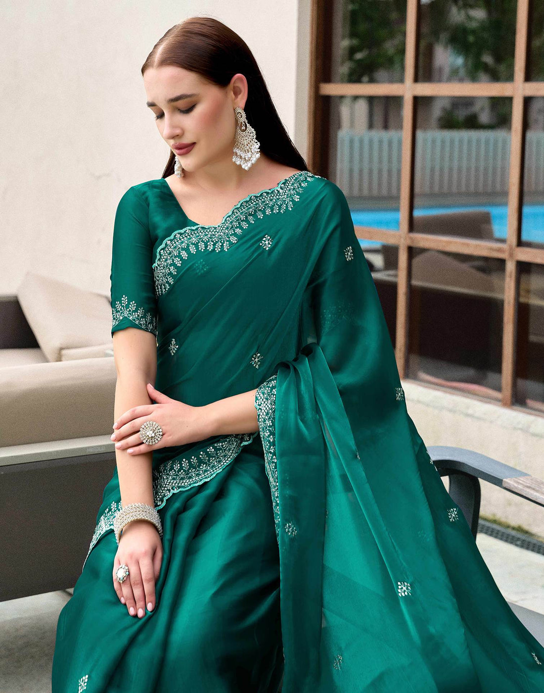 Green Tissue Silk Sequence Embroidery Saree