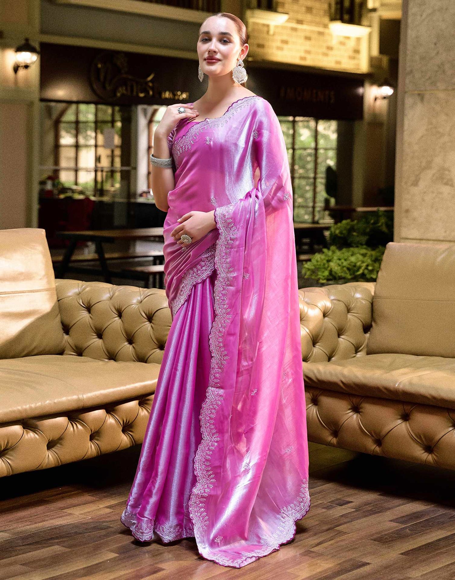 Pink Tissue Silk Sequence Embroidery Saree