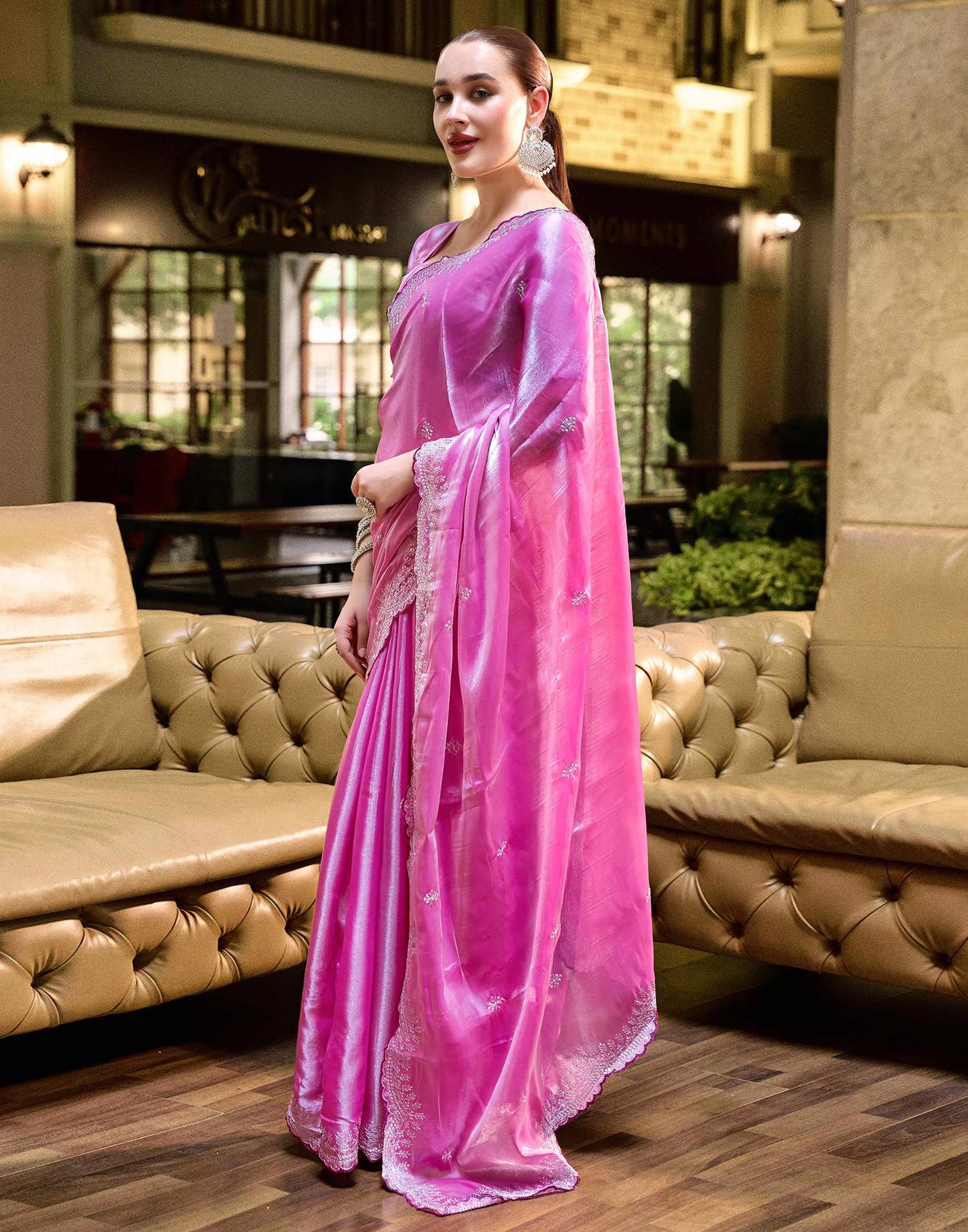 Pink Tissue Silk Sequence Embroidery Saree