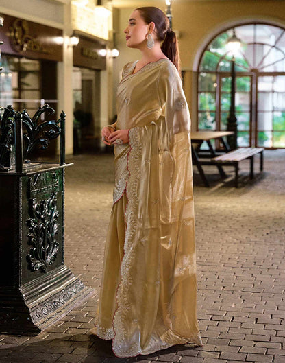 Dark Beige Tissue Silk Sequence Embroidery Saree