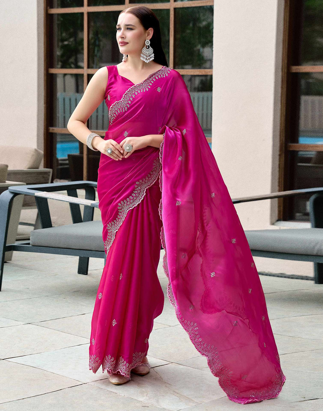 Dark Pink Tissue Silk Sequence Embroidery Saree