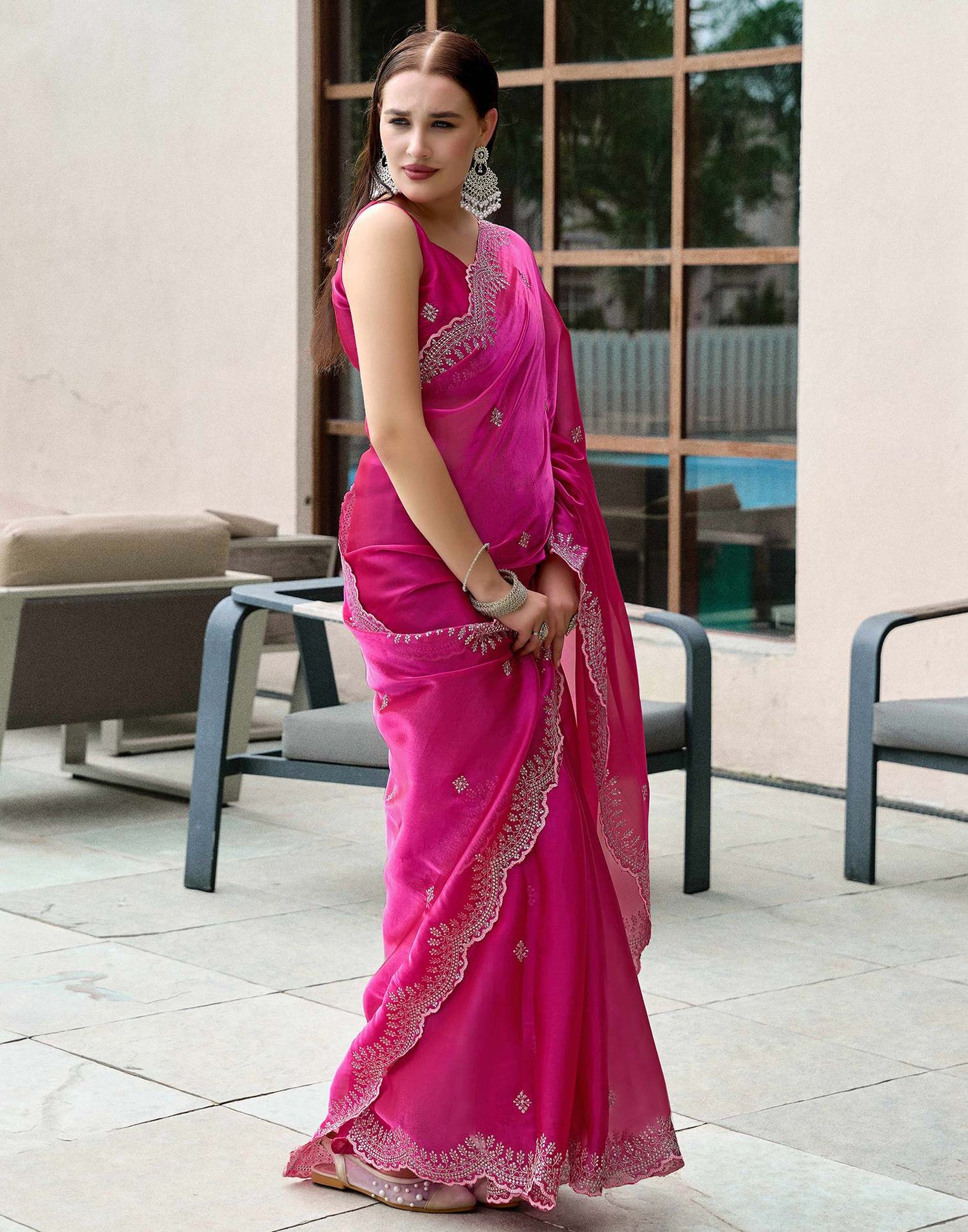 Dark Pink Tissue Silk Sequence Embroidery Saree