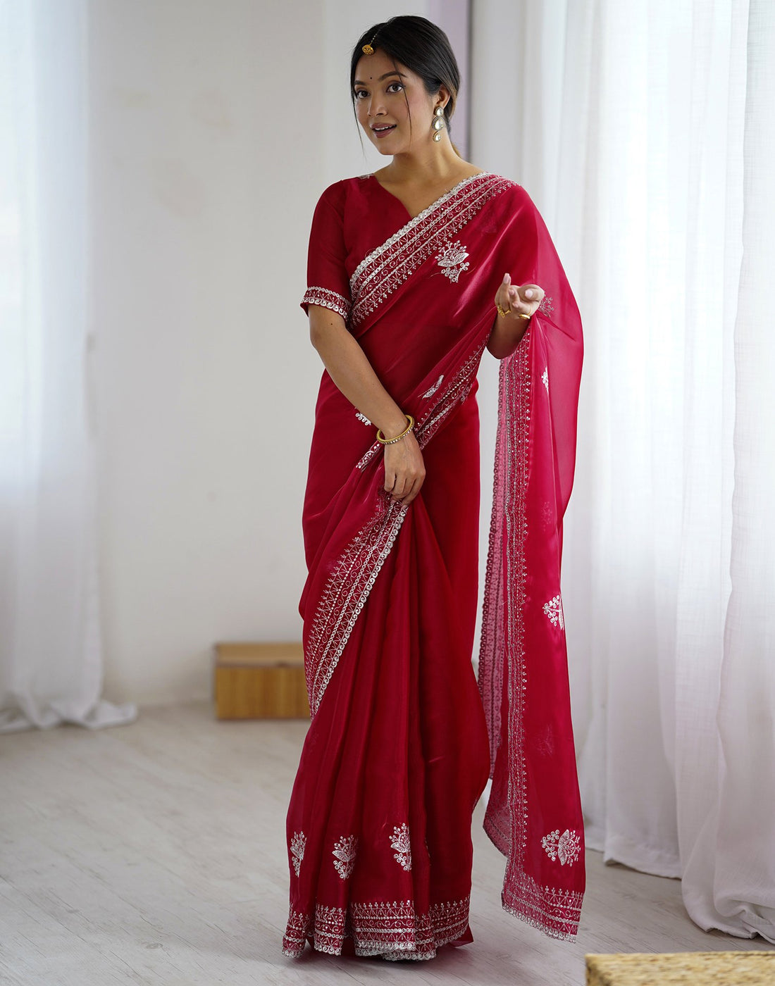 Red Tissue Silk Embroidery Saree
