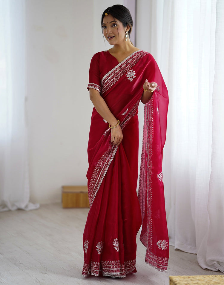 Red Tissue Silk Embroidery Saree