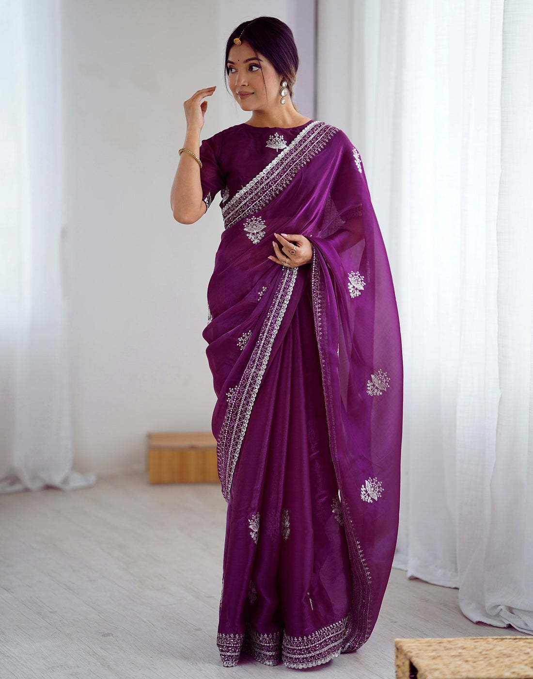 Dark Purple Tissue Silk Embroidery Saree