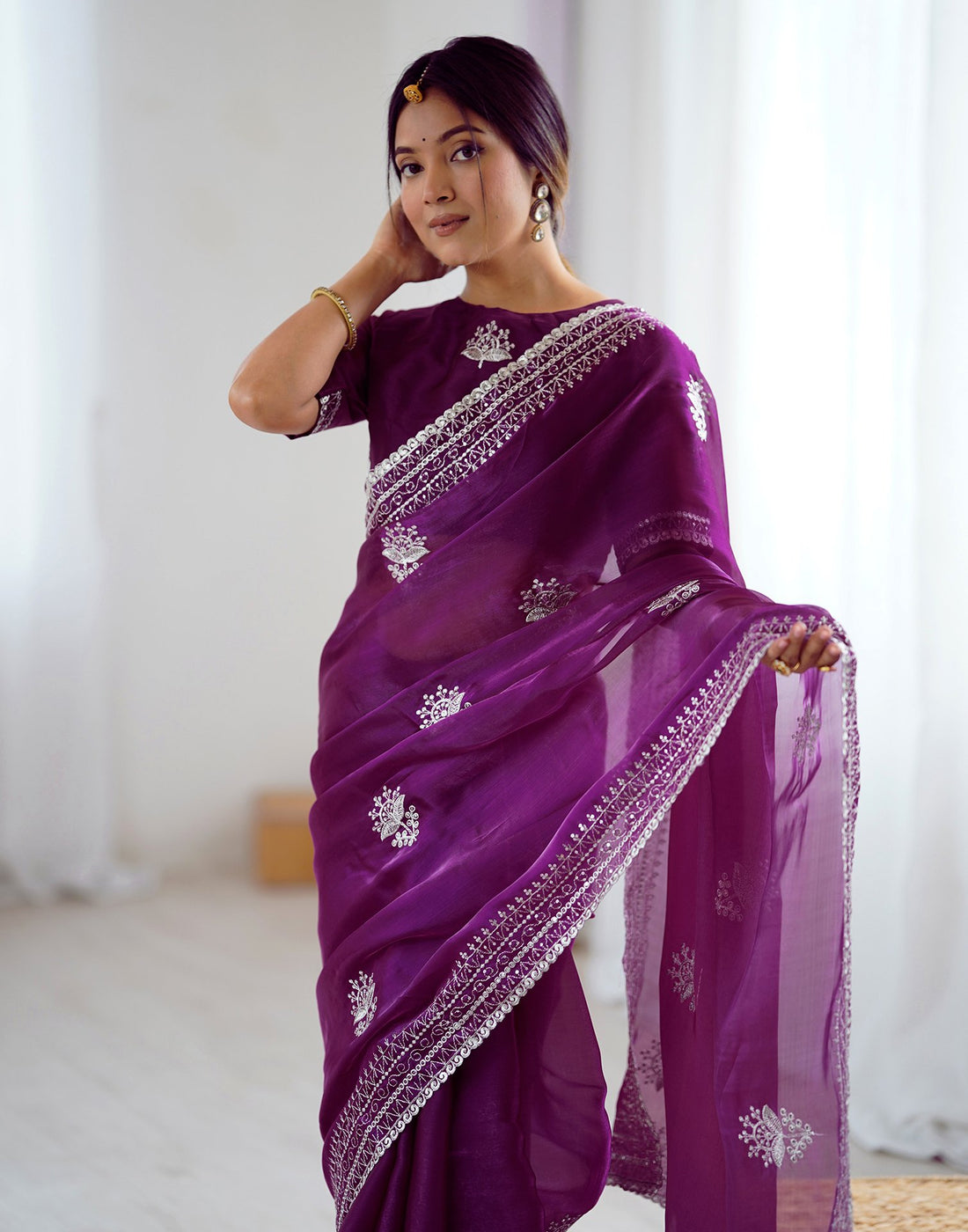 Dark Purple Tissue Silk Embroidery Saree