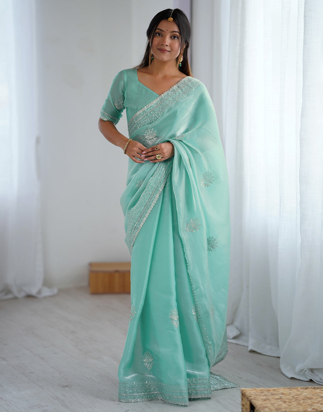 Sea Green Tissue Silk Embroidery Saree