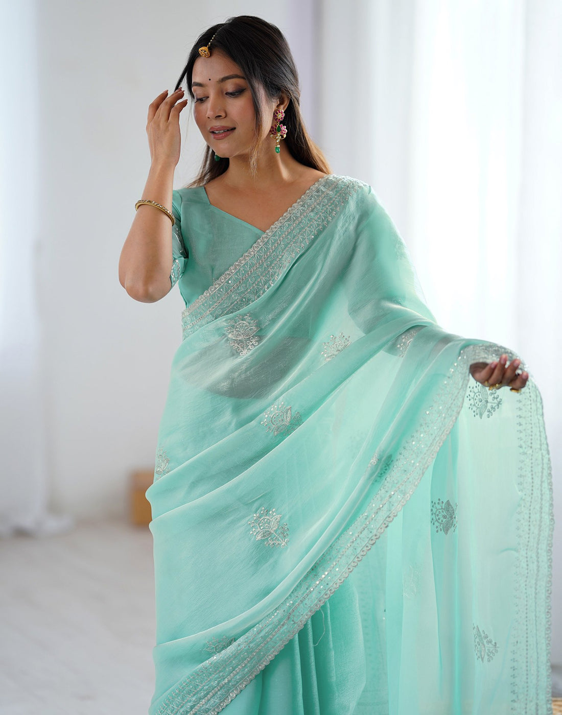 Sea Green Tissue Silk Embroidery Saree
