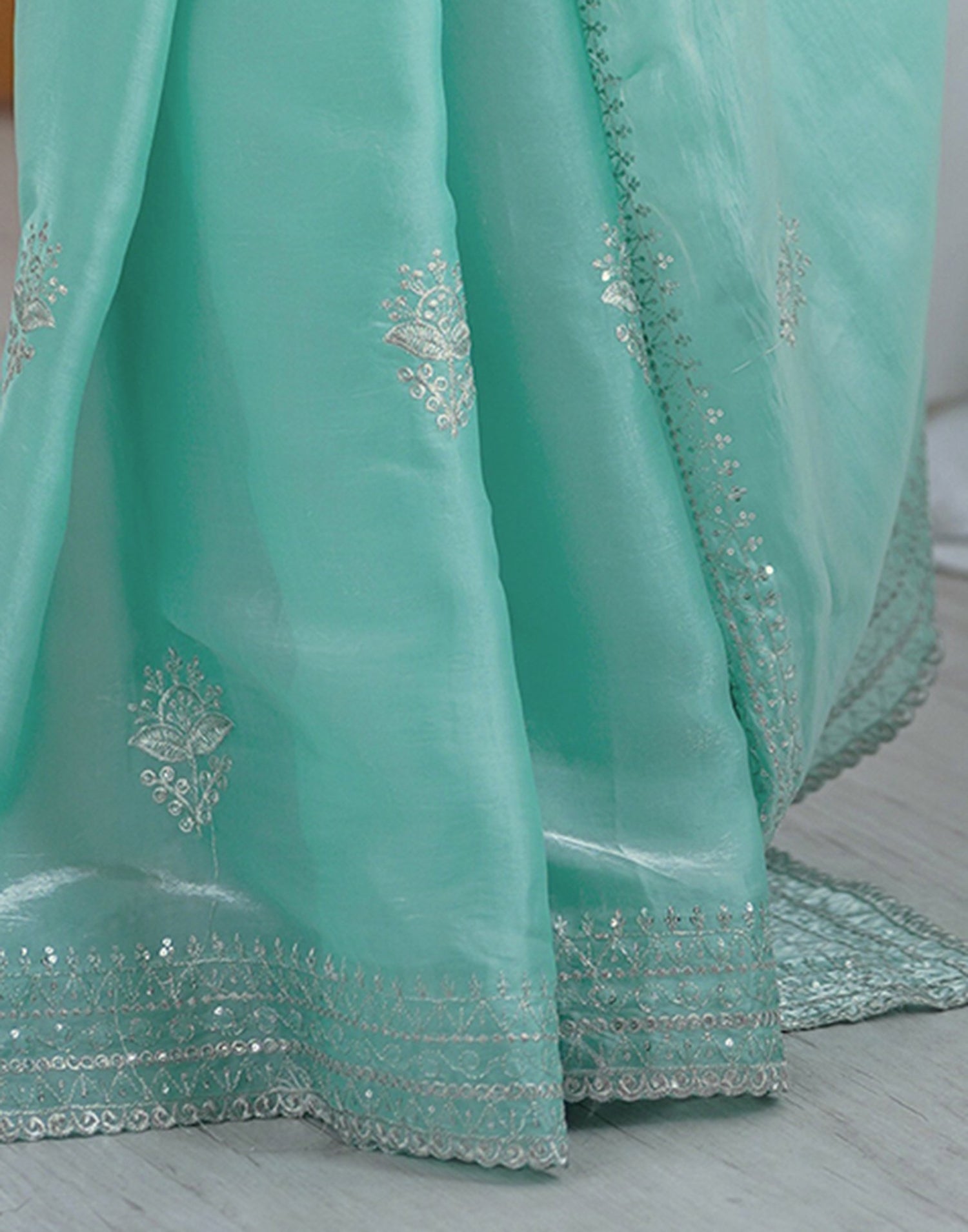 Sea Green Tissue Silk Embroidery Saree