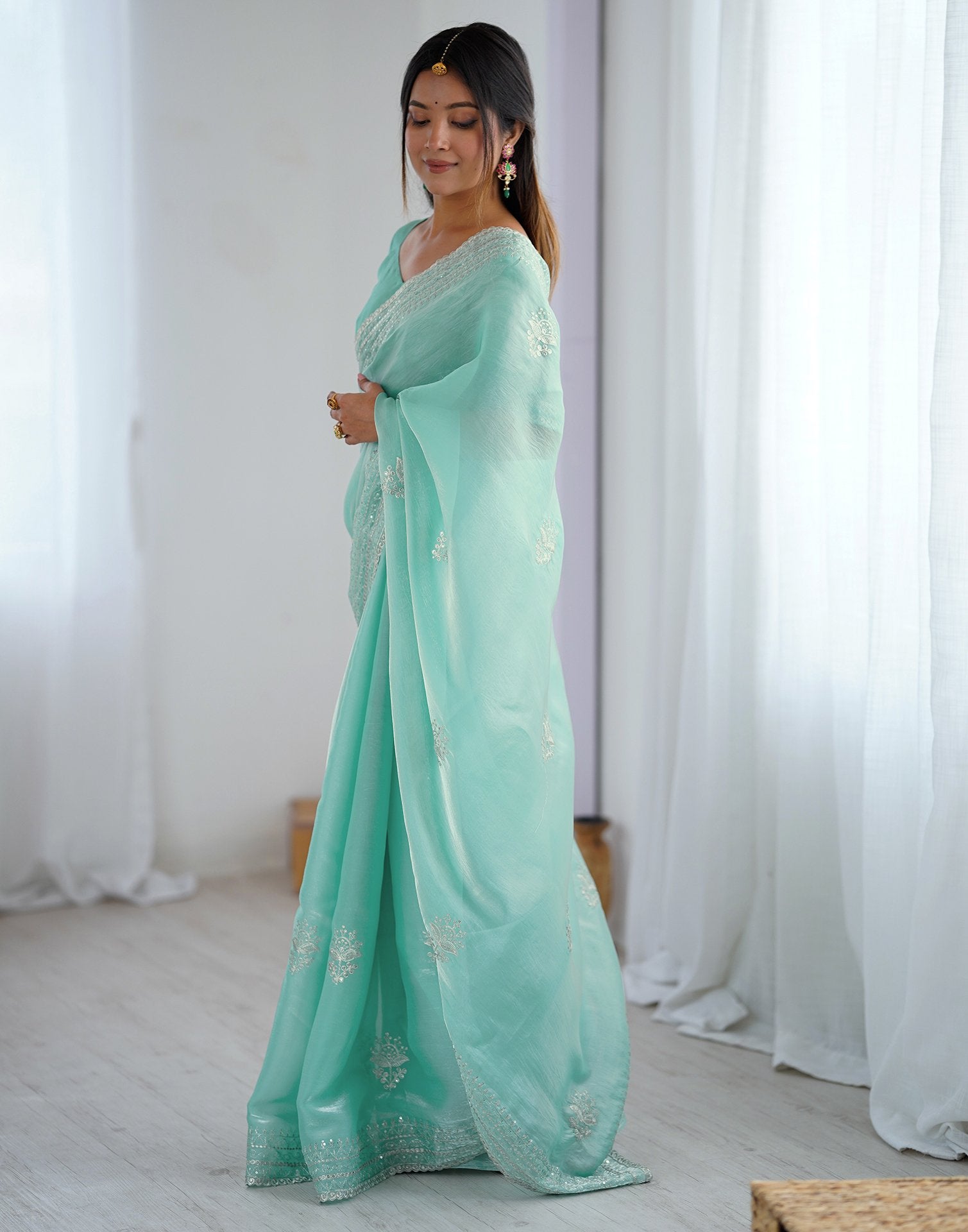 Sea Green Tissue Silk Embroidery Saree