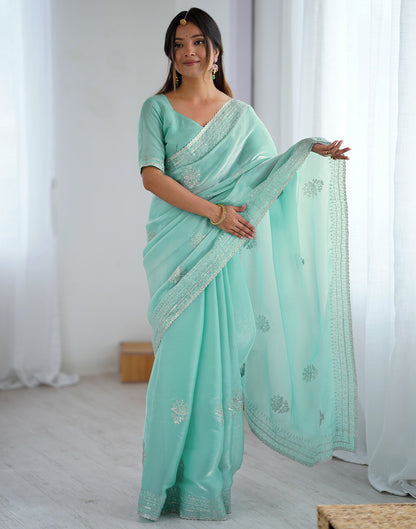 Sea Green Tissue Silk Embroidery Saree