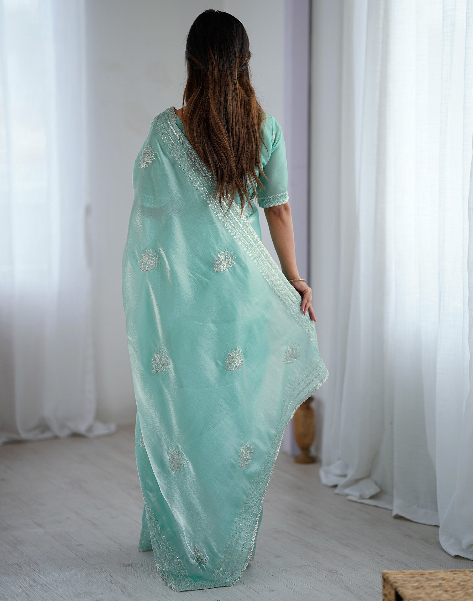 Sea Green Tissue Silk Embroidery Saree