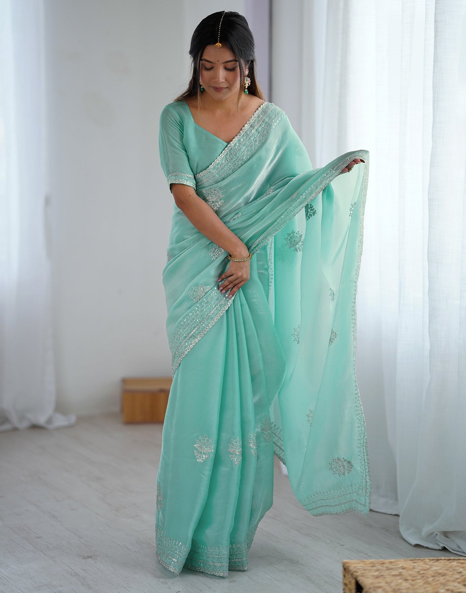Sea Green Tissue Silk Embroidery Saree