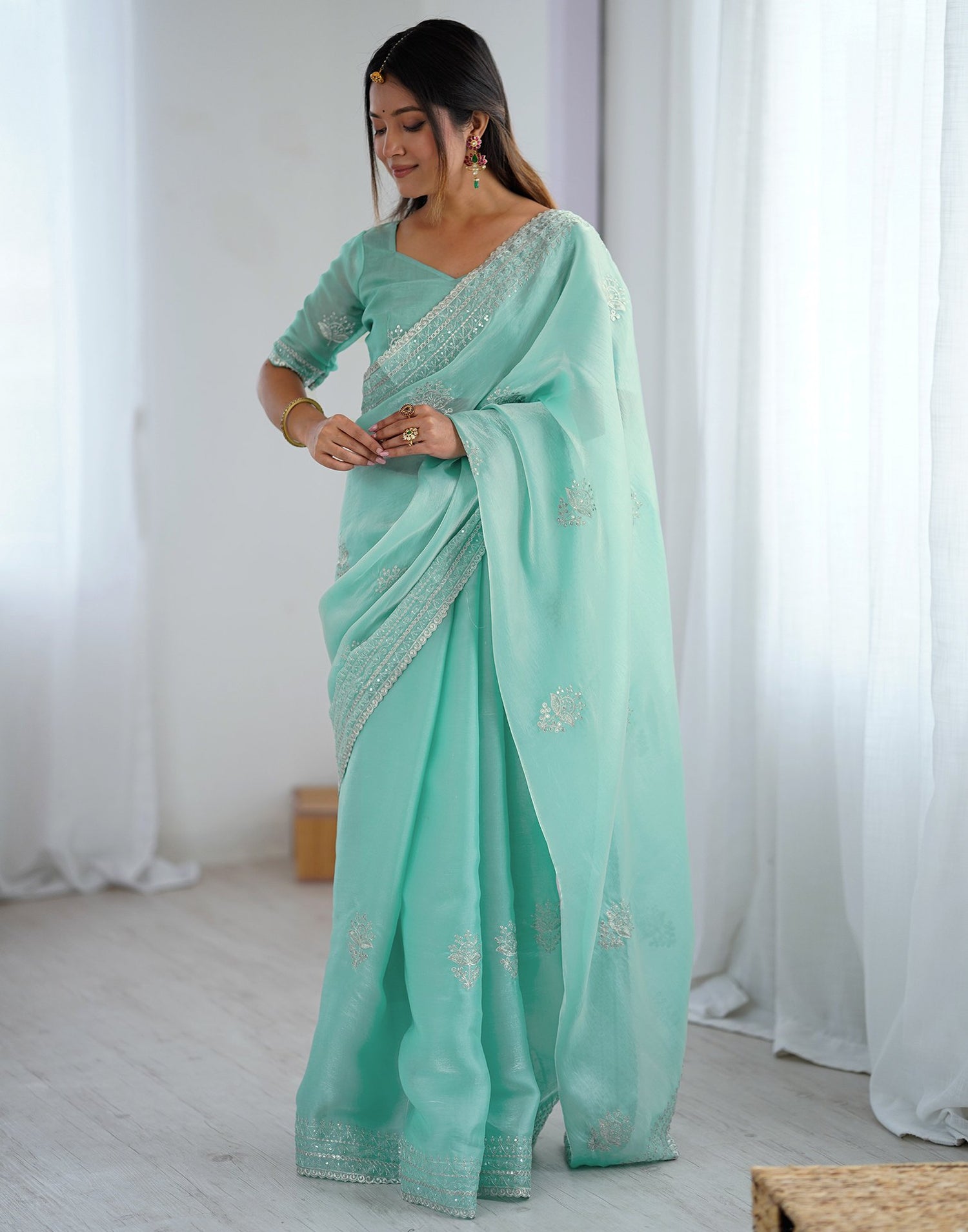 Sea Green Tissue Silk Embroidery Saree