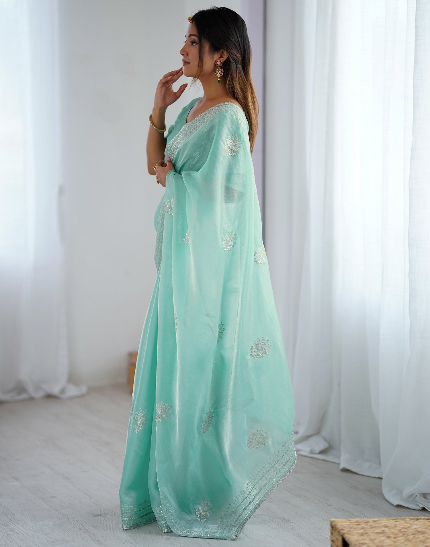 Sea Green Tissue Silk Embroidery Saree