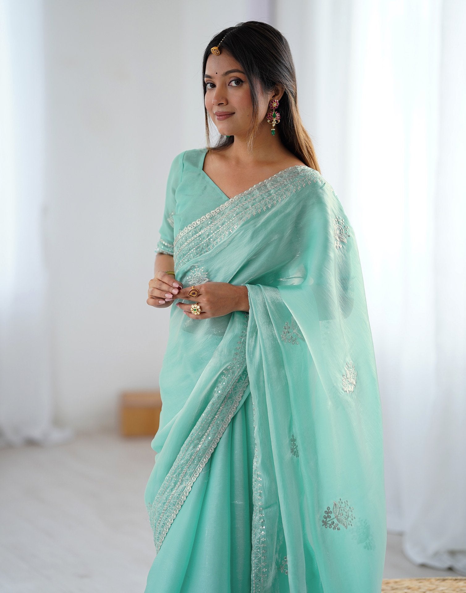 Sea Green Tissue Silk Embroidery Saree