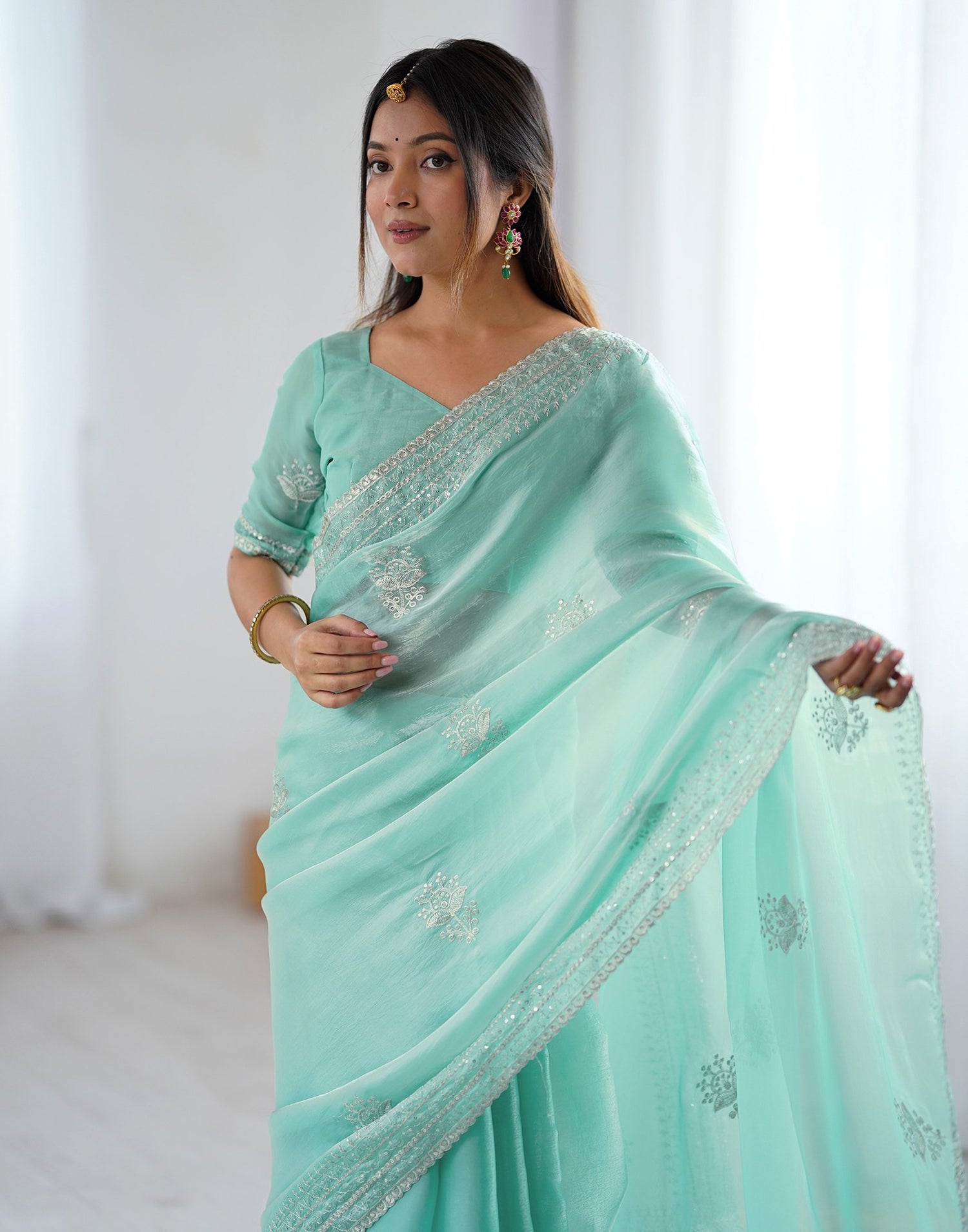 Sea Green Tissue Silk Embroidery Saree