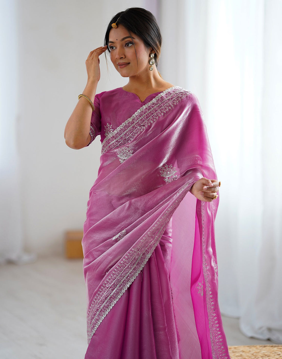 Pink Tissue Silk Embroidery Saree