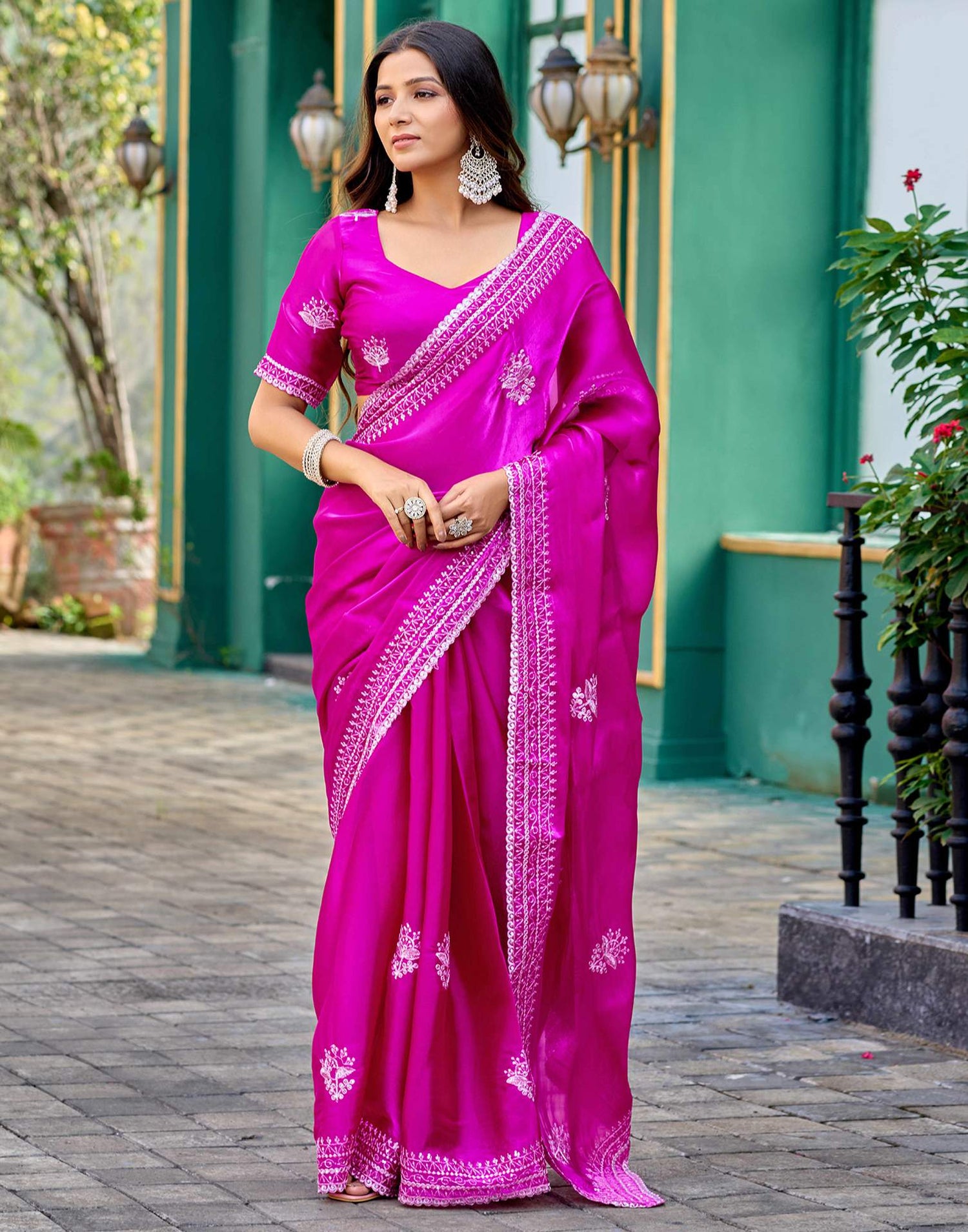 Magenta Tissue Silk Sequence Embroidery Saree