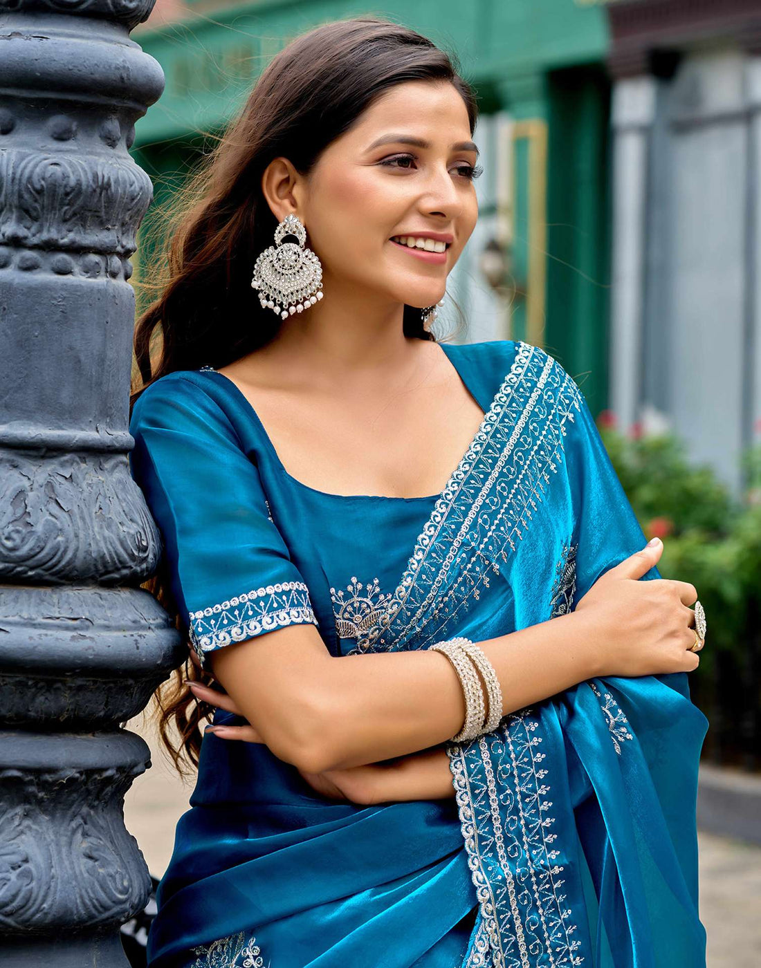 Peacock Blue Tissue Silk Sequence Embroidery Saree