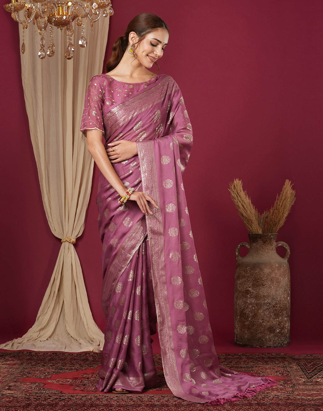 Dark Mauve Chinnon Foil Printed Saree