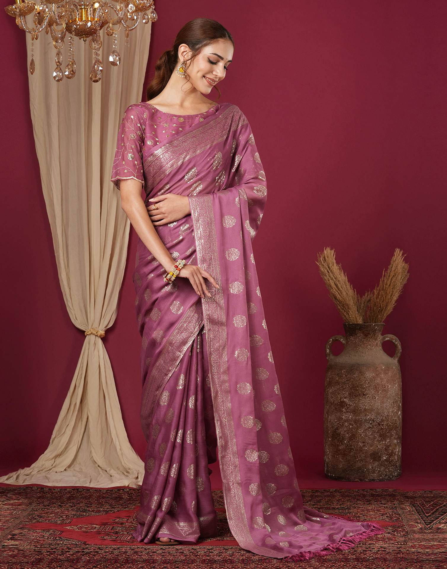 Dark Mauve Chinnon Foil Printed Saree