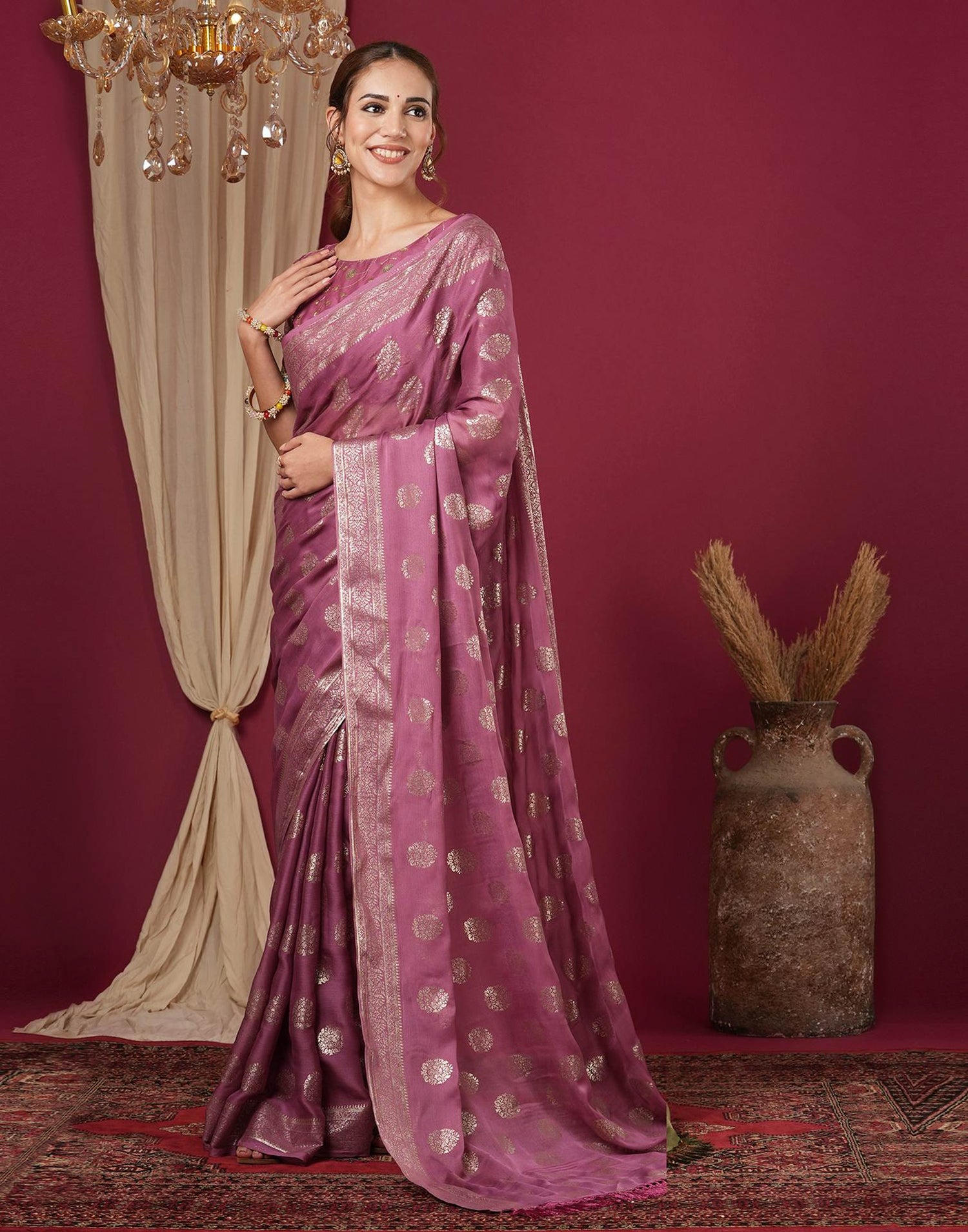 Dark Mauve Chinnon Foil Printed Saree