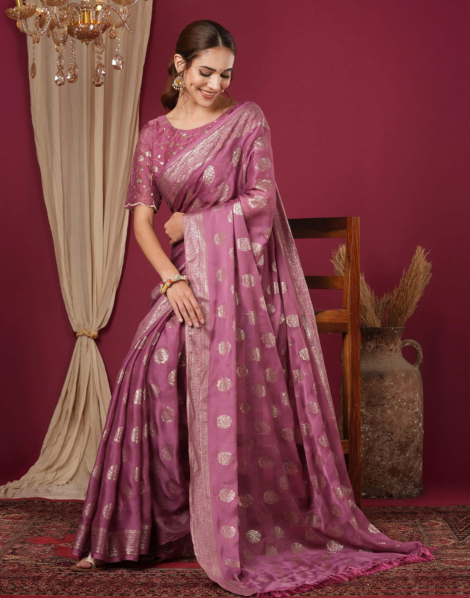 Dark Mauve Chinnon Foil Printed Saree